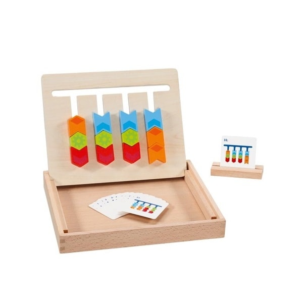 Wooden color sorting board with layered shapes and pattern cards