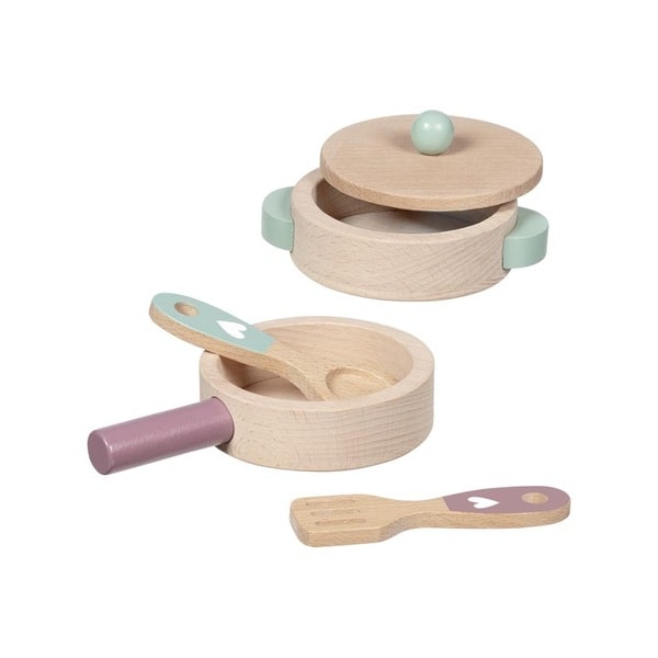 Wooden cooking set with pot, pan, spoon, and spatula